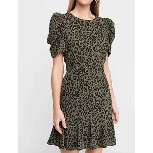 Express Leopard Print Puff Sleeve Fit and Flare Dress Size Small - Picture 1 of 8